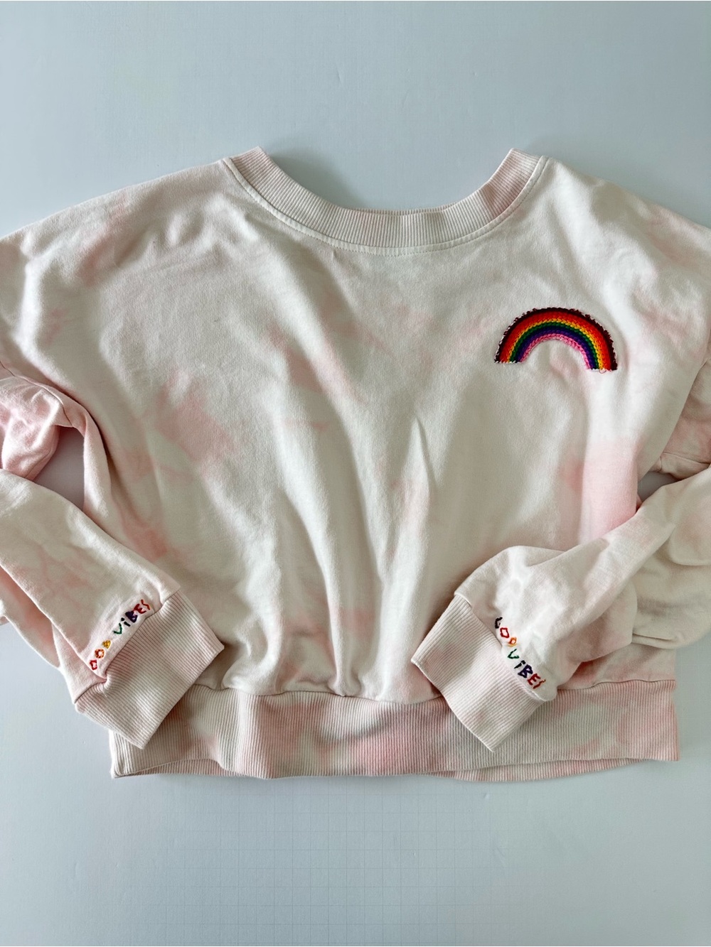 Soludos Light Pink Tie-Dye Rainbow Embroidered Crewneck Sweatshirt